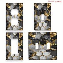 1pc [2D Flat Printing] Black Golden Honeycomb Marble Hexagon Decorative Switch Cover, Wall Plate And Kitchen, Fun Home Accessory - Single Toggle 11cm*7.5cm - View 1