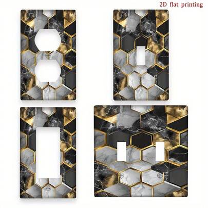 1pc [2D Flat Printing] Black Golden Honeycomb Marble Hexagon Decorative Switch Cover, Wall Plate And Kitchen, Fun Home Accessory