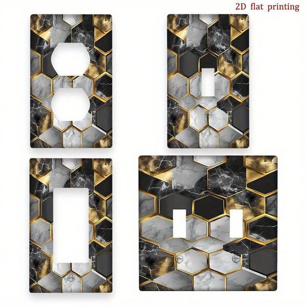 1 pieza [Impresión plana 2D] Cubierta decorativa de interruptor con diseño de panal de abeja de mármol negro y dorado, placa de pared y cocina, accesorio divertido para el hogar