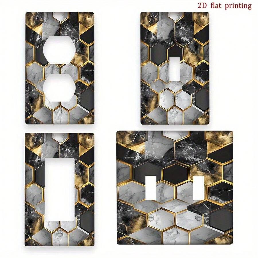 1pc [2D Flat Printing] Black Golden Honeycomb Marble Hexagon Decorative Switch Cover, Wall Plate And Kitchen, Fun Home Accessory - Single Toggle 11cm*7.5cm - View 1