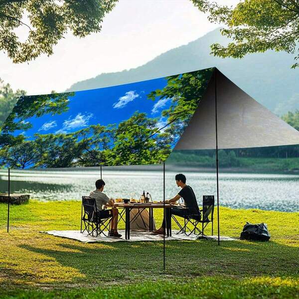 Tree Canopy Blue Sky White Cloud Print Outdoor Sun Shade Sail, Portable Sun Protection Canopy, Suitable For Beach, Camping, Picnic, Patio, Backyard, Equipped With 4 Ropes And 4 Stakes