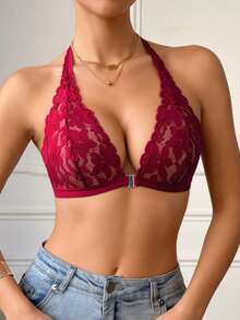 Women's Solid Color Sexy Halter Neck Bra, Wire-Free And Padding-Free - Burgundy - View 5