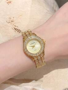 Women's Small Gold Watch With Full Rhinestones, Double-Layered Rhinestone-Encrusted Outer Ring With Radial Pattern Dial, Elegant Gold-Tone Steel Band Quartz Watch, INS Style Versatile For Party And Daily Wear, High-End Decorative Wristwatch For Date, Holiday Gift Accessory, 1pc/Set - Gold - View 7