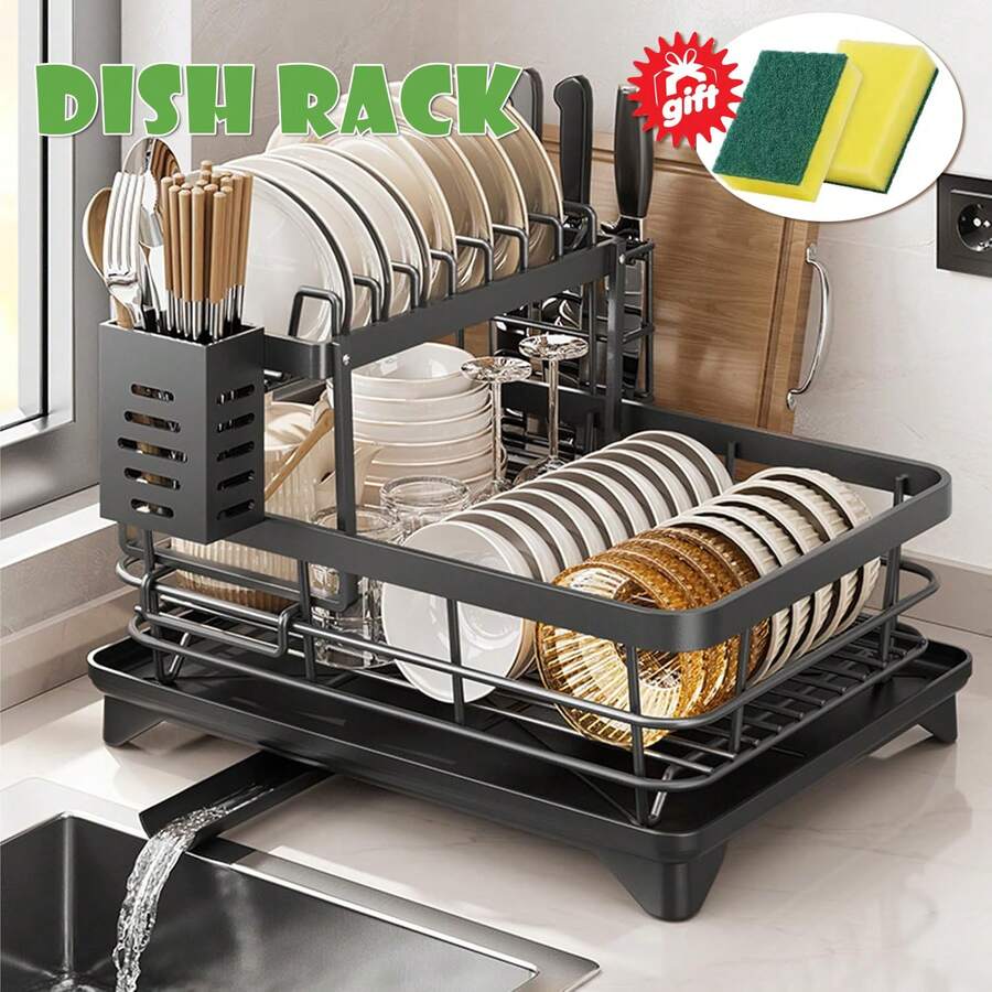 2 Layer Dish Drying Rack Kitchen Sink Drainer With Drainboard,Cup Holder,Plate Rack,Spoon Holder,Bowl Rack,Chopping Board Rack,2PCS Sponge Brush