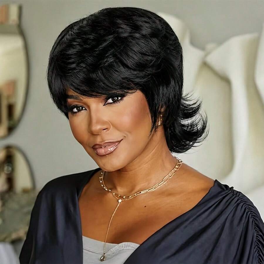 Short Straight Mullet With Bangs Short Pixie Cut Wigs For Women Brazilian Remy Hair Wig 6inch 180% Density Machine Made Glueless Wig For Halloween Natural Color For Daily Wear