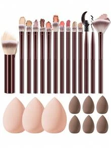 23Pcs Dark Brown Makeup Tool Set, 14Pcs Face & Eye Makeup Brushes, Large & Mini Water Drop Makeup Sponges, Soft Synthetic Bristles, Wet Dry Dual Use Foundation Eyeshadow Cosmetic Tools, Portable Travel Beauty Gift Kit For Makeup Beginners - Multicolor - View 13