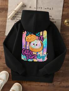 Tween Girls Glitter Dumpling Cartoon Back Print Oversized Hoodie - Black - View 3