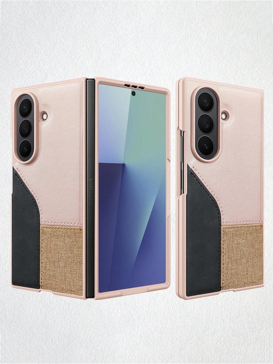 VIETAO Fashion Patchwork Faux Leather Galaxy Z Fold 5/6/7 Phone Case With Tempered Glass Screen Protector - Pink - View 1
