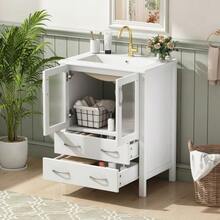 61 Cm Floor-Standing Vanity Unit, Gloss White, With Ceramic Basin, Fluted Glass Doors, Storage Drawers, Silver Handles, Tap Not Included - White - View 11