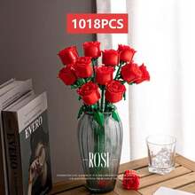 1018pcs DIY Red, Pink, Blue Building Block Roses, Assembled Building Block Flowers, Desktop Decoration Ornaments, Valentine's Day, The Best Gift For Girlfriends (Excluding Vases) - Multicolor - View 8