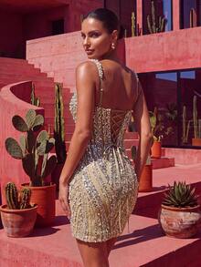 LUVISTRUE Women's Elegant Square Neck Mesh Pearl Beaded Fitted Short Formal Evening Dress Fall Wedding Party - Champagne - View 2