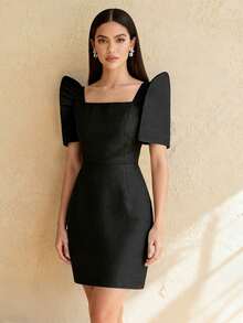 Modern Philippine Style Elegant Dress, Butterfly Sleeve Philippine Style, Party Dress, Solid Color Square Neck Dress - Black - View 6