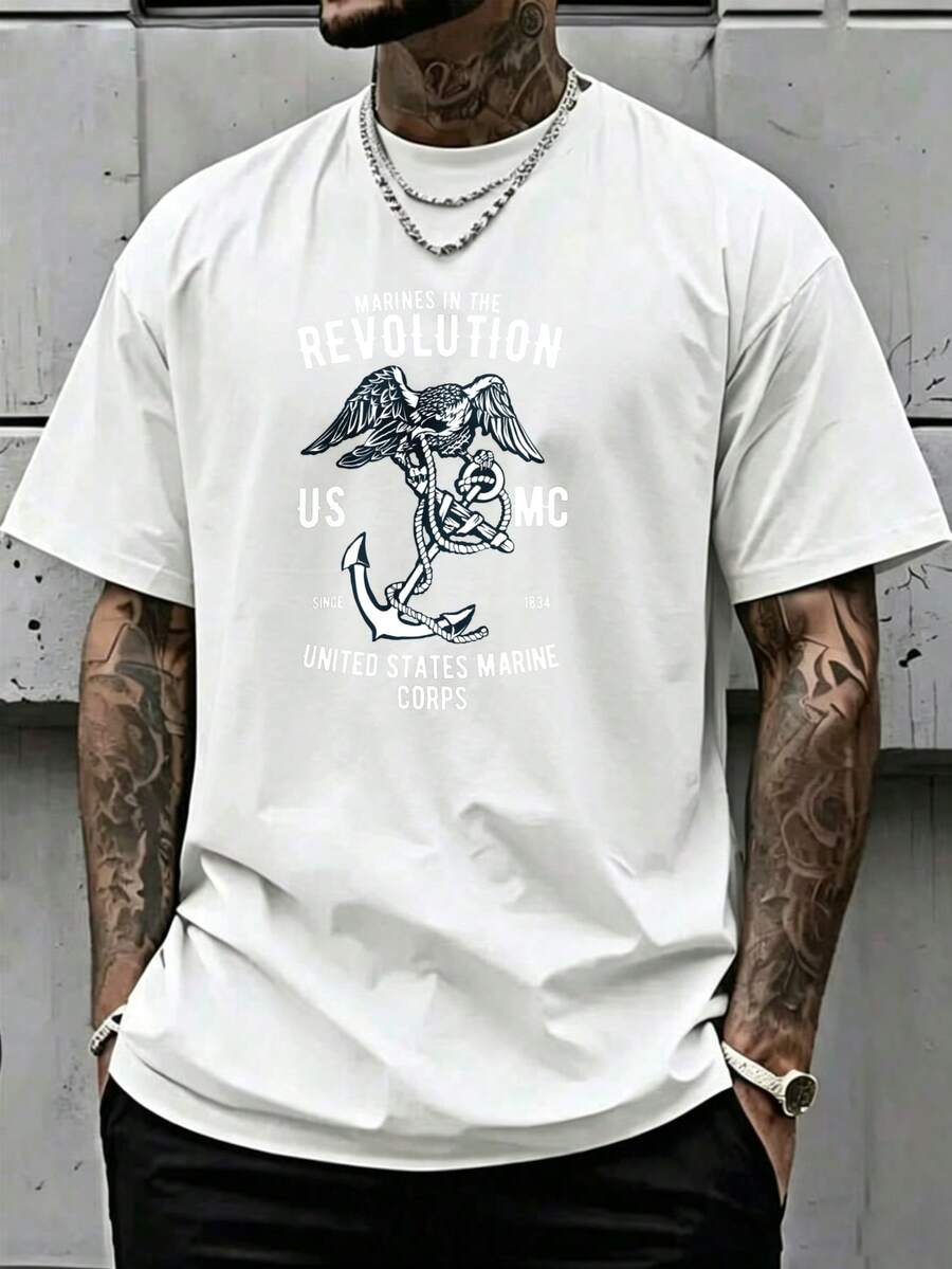 US Graphic T-Shirt 100% Cotton 180 G/M² Crew Neck Breathable Regular Fit Summer - 白色 - 查看 1