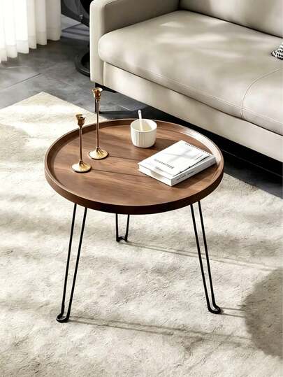 Round Wooden Grain Side Table With Curved Iron Legs For Stable Support, Guardrail Design To Prevent Items From Falling Off, Compact And Portable, Versatile Storage Piece To Place Beside Sofas In Living Rooms