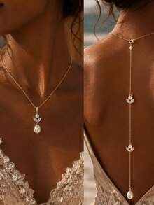 outingfit 1pc Gold Zirconia Leaf Pearl Back Necklace, Bridal Wedding Dress Backless Dress Water Drop Pendant Back Chain Body Accessory - Geometric - View 2