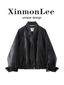 Hong Kong Style Retro Polka Dot Ribbon Leather Jacket With Zipper, Casual For Evening Date, Vacation And Daily Wear In Spring And Autumn - Black - View 1