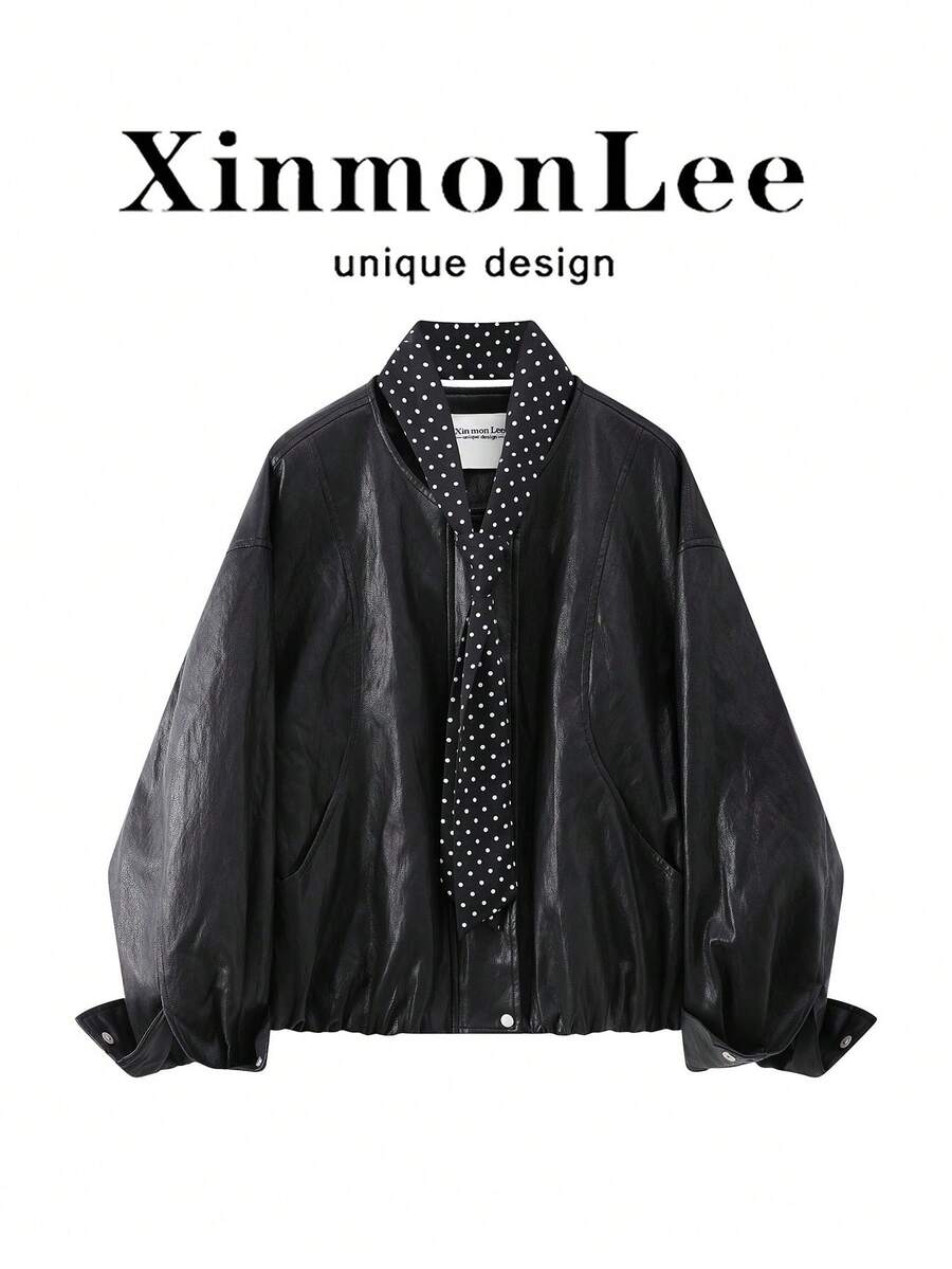 Hong Kong Style Retro Polka Dot Ribbon Leather Jacket With Zipper, Casual For Evening Date, Vacation And Daily Wear In Spring And Autumn - Black - View 1