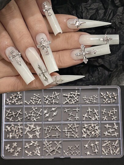 24-Grid Storage Box / 120pcs Mixed Vintage Rhinestone Cross Metal Nail Charms, Punk Gothic Style Silver 3D Nail Art DIY Decoration Accessories