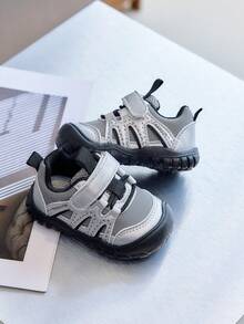 Infant Colorblock Functional Walking Shoes, Closed-Toe Anti-Kick Breathable Mesh Soft Sole Non-Slip Baby Hook And Loop Sports Shoes - Grey - View 4