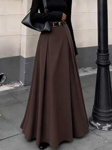 High Waist Patchwork Long A-Line Skirt, Women's Solid Brown Flared Hem Maxi Skirt, Autumn/Winter - Dark Brown - View 11