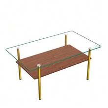 Modern Coffee Table With Glass Top And MDF Shelf, Living Room Table With Gold Metal Legs, Rectangular Sofa Table With Luxurious Design, Wood Effect-H45/L98/D58 Cm - 棕色 - 查看 9