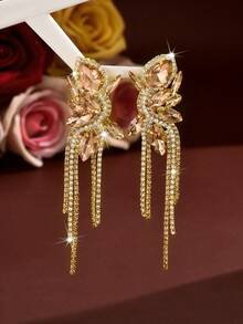 1 Pair Fashion Evening Dangle Earrings, Water Drop Dual-Color Rhinestone Tassel Earrings, Suitable For Women's Formal Occasions, Halloween And Christmas Gifts - Champagne - View 1