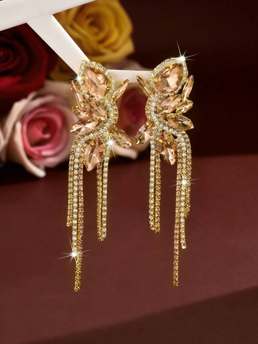 1 Pair Fashion Evening Dangle Earrings, Water Drop Dual-Color Rhinestone Tassel Earrings, Suitable For Women's Formal Occasions, Halloween And Christmas Gifts - Champagne - View 1
