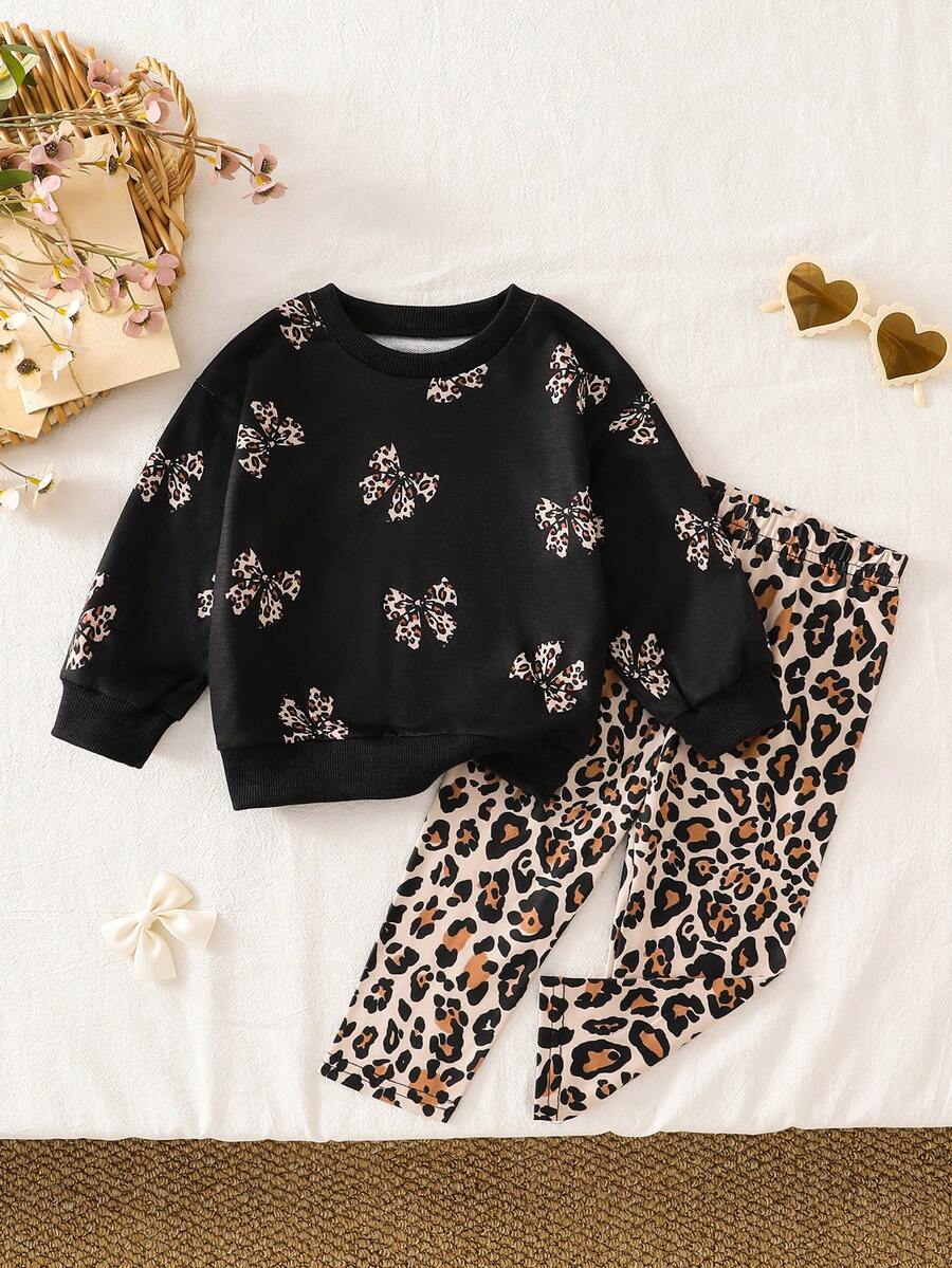 2pcs Baby Girls Autumn Leopard Print Bow Long Sleeve Sweatshirt Slim Fit Elastic Waist Leopard Print Leggings Children Spring Fashion Cute Set - Black - View 1