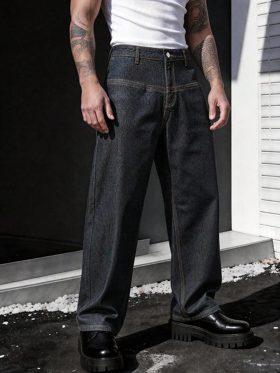 1pc Men's Denim Wide Leg Pants, Solid Color Versatile Long Pants, Fashion, Suitable For Casual Daily Wear - Black - View 1