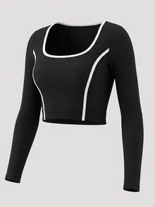1pc Women's Ribbed Long Sleeve Sports Top, Autumn/Winter, Soft Elastic Shaping Slim Fit Versatile T-Shirt Black - Black - View 3