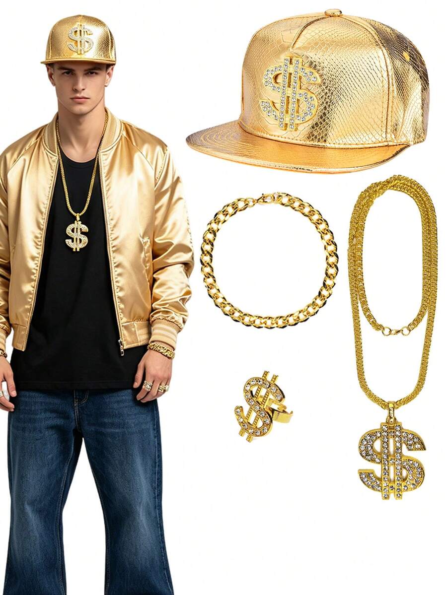 4Pcs Forever & Moment 80s 90s Hip Hop Costumes Outfit Kit Fake Gold Chain Necklace Dollar Sign Cap Jewelry Set Rapper Accessories,Halloween