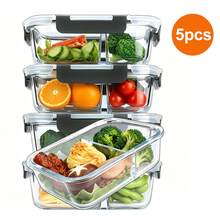 5 Pack 1040ml 2-Compartment Glass Food Storage Containers With Snap Locking Lids, Portion Control Meal Prep Boxes, Heat Resistant Containers For Microwave, Oven, Freezer & Dishwasher - Black - View 2