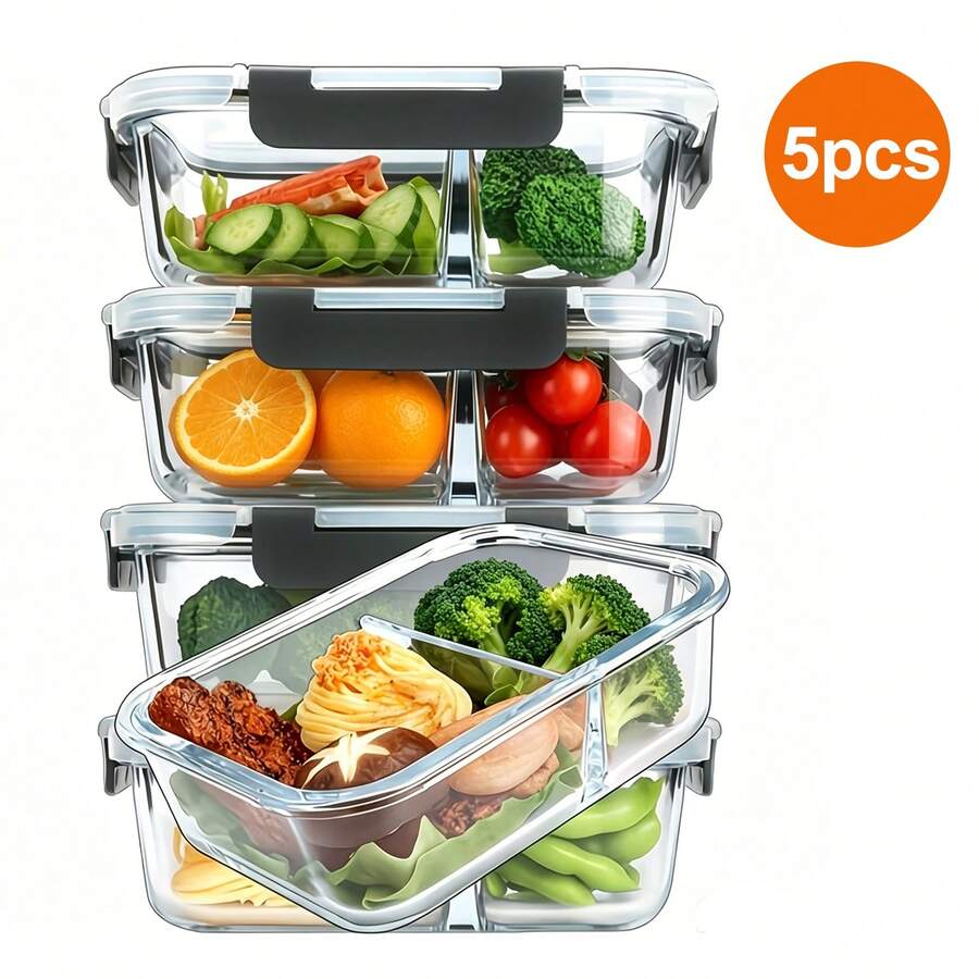 5 Pack 1040ml 2-Compartment Glass Food Storage Containers With Snap Locking Lids, Portion Control Meal Prep Boxes, Heat Resistant Containers For Microwave, Oven, Freezer & Dishwasher