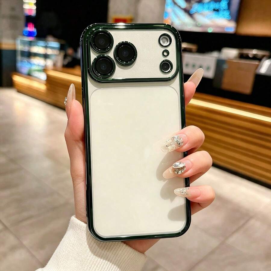 Electroplated Frame Transparent Phone Case, Large Integrated Lens Holder Shockproof Protective Cover, Transparent Anti-Yellowing Ultra-Thin Phone Case, Built-In Lens Film Dust-Proof Mesh, Compatible With IPhone 17 16 15 14 13 Pro Max 12 Pro Max 11 Phone Case, Holiday Gift - Dark Green - View 1