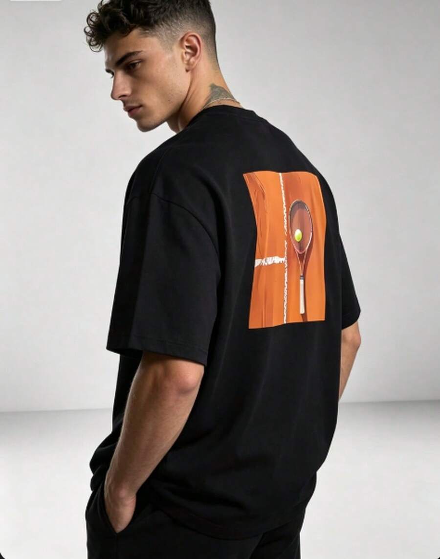 [%CottonDoubleSidedPrint]NewSummerCasualMen's,CrewNeck,ShortSleeves,TennisRacketBagPrint,SportsStyleForTennisLovers,Print - 黑色 - 查看 1