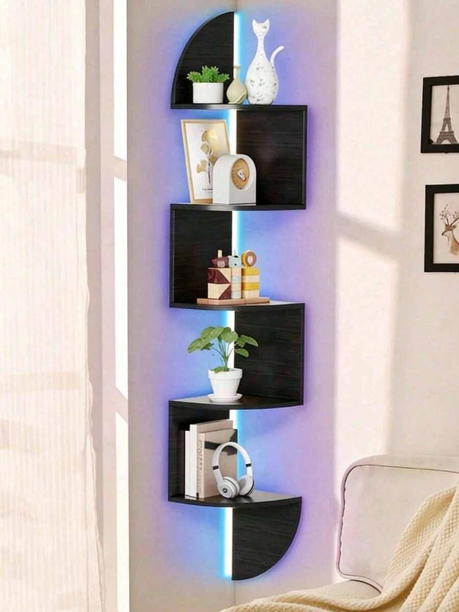1 Creative Wall-Mounted Corner Shelf, 5-Tier Semicircular Wall Shelf, Wall-Mounted Bookshelf (Lamp Not Included) - Black - View 1