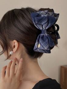 3pcs/2pcs/1pc Jepit Rambut Pita Besar 5 Inci Motif Kotak-kotak Modis, Hiasan Ekor Kuda Elegan untuk Anak Perempuan, Jepit Rambut Cakar Vintage Serbaguna - MultiWarna - View 2