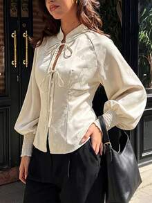 Elegant Women's New Chinese Style Apricot Floral Jacquard Blouse With Cheongsam Collar, Decorated With Bow Tie And Shirred Cuffs, Suitable For All Seasons - Apricot - View 4
