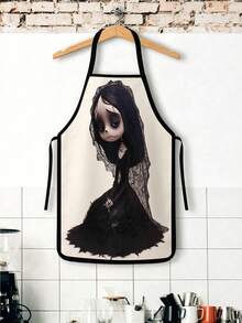 2Pcs Gothic Corpse Bride Apron Set, Spooky Skeleton Zombie Bride Black Wedding Dress Kitchen Apron, Dark Romantic Veil Rose Cooking Apron, Melancholy Halloween Chef Apron For Baking Grilling - Multicolor - View 8