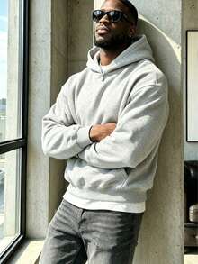 Men's Solid Color Drop Shoulder Long Sleeve Casual Pocket Hoodie, Autumn/Winter - Light Grey - View 4
