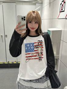 Women's Autumn New 1pc Petite Cartoon Print Versatile Casual Daily College Style Patchwork Long Sleeve Crew Neck Korean Style Top White - White - View 2