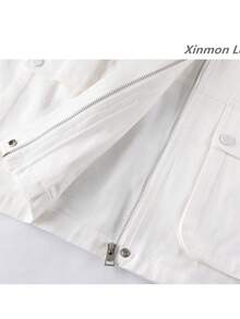 Korean Style Patchwork Lapel Denim Trench Coat Zip-Up Jacket, College Daily Vacation Spring Autumn - White - View 5