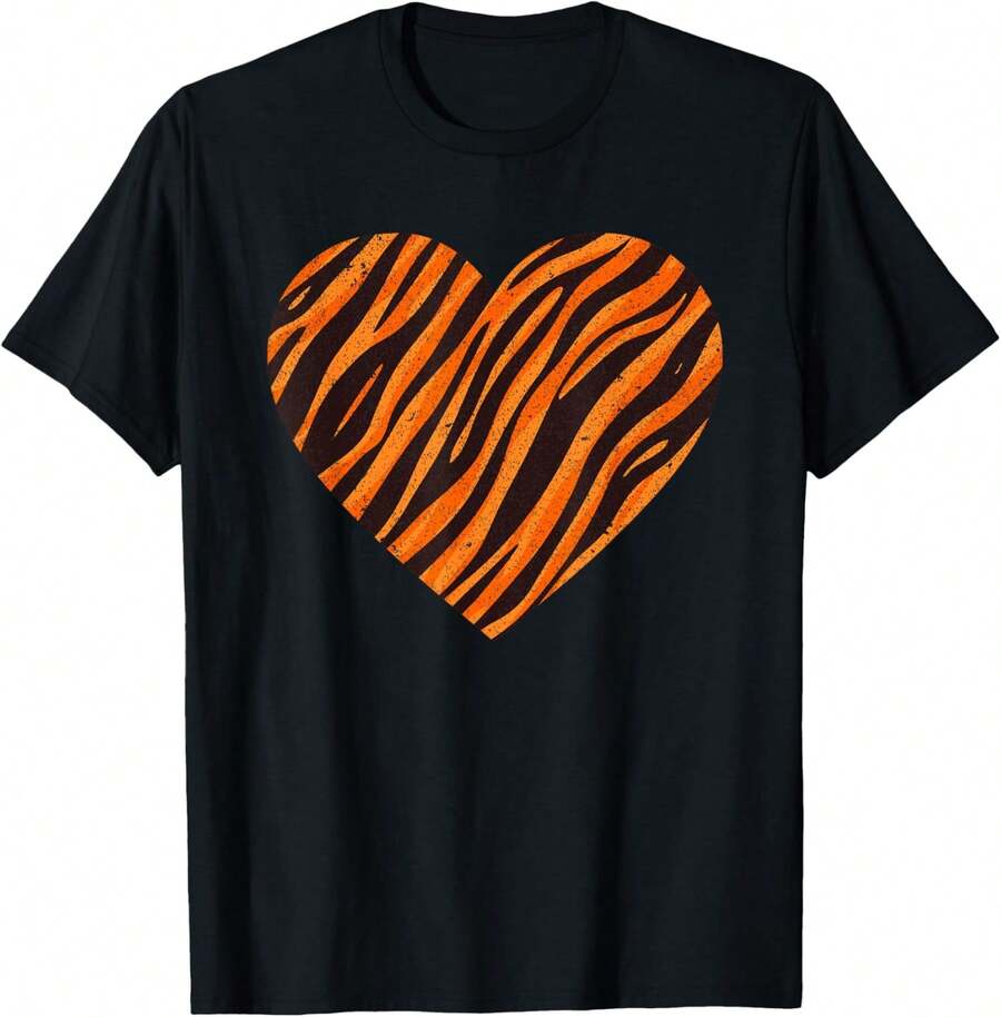Cool Tiger Stripes Animal Lover Heart Pattern Unisex T-Shirt - 黑色 - 查看 1