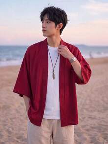 Men's Kimono Style Loose Fit Casual Cardigan Kimono Shirt, 100% Polyester, Lightweight Breathable Flowy Fabric, Solid Color Versatile Single Layer, Thin Air Conditioning Top - Red - View 10
