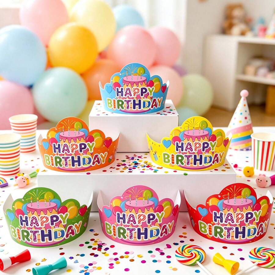6 Colors Macaron Paper Party Hats, Happy Birthday Crown Hats, Suitable For Fairy Tale, Baby Shower, Rainbow Theme Party Photo Booth Props, Party Decorations - View 1