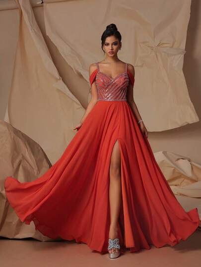 VIPGIRL Elegant Women's Long Formal Evening Gown, Sequin Fitted Bodice, High Slit Sleeveless Spaghetti Strap Flare Mesh Maxi Dress