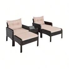 5 Pieces Patio Rattan Sofa Ottoman Furniture Set With Cushions - Beige - View 5