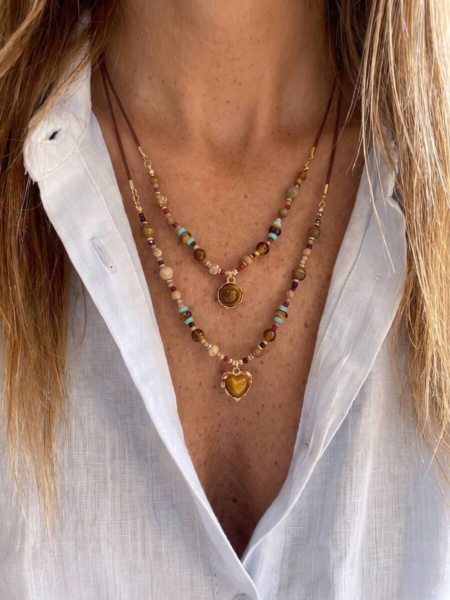 2pcs/Set Bohemian Tiger Eye Bead Layered Necklace Set, Vintage Brown Leather Cord Heart & Round Disc Pendant Necklace, Women's Y2K Style Jewelry Gift - Multicolor - View 1