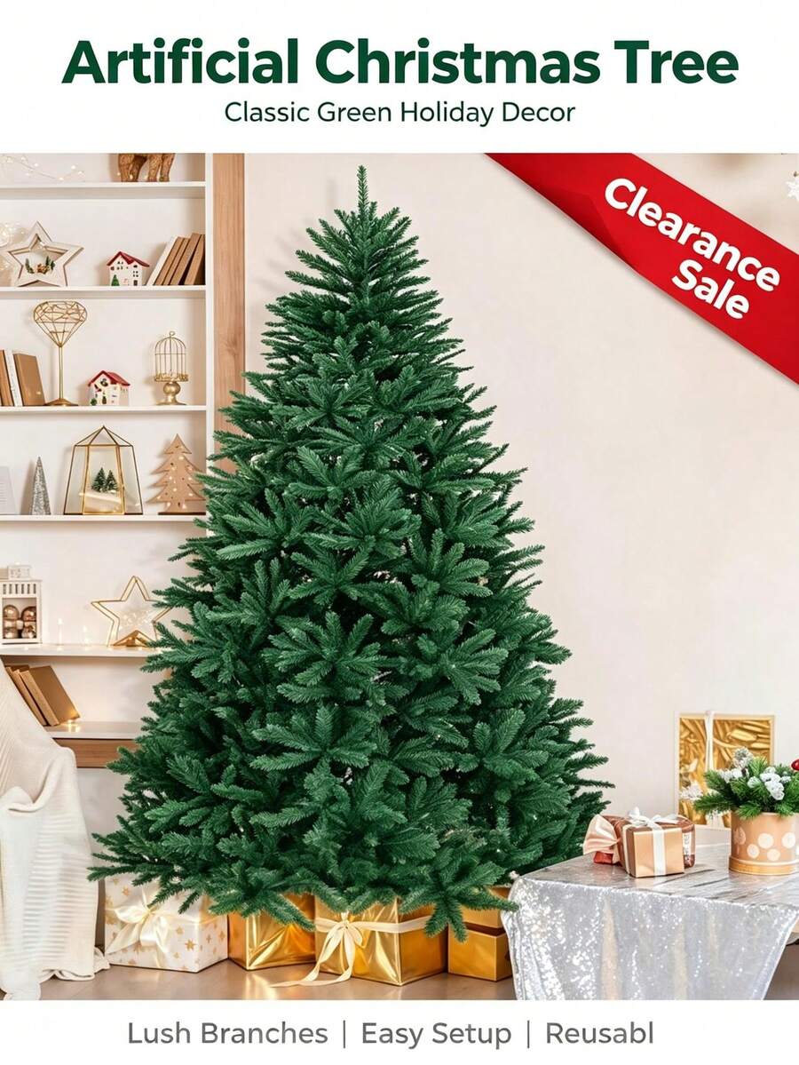 Foldable Easy Assembly Artificial Christmas Tree, Metal Frame, Reusable, Holiday Decoration, Suitable For Indoor, Patio, Garden, Home And Party Decor, Ideal Christmas Gift. - Green - View 1