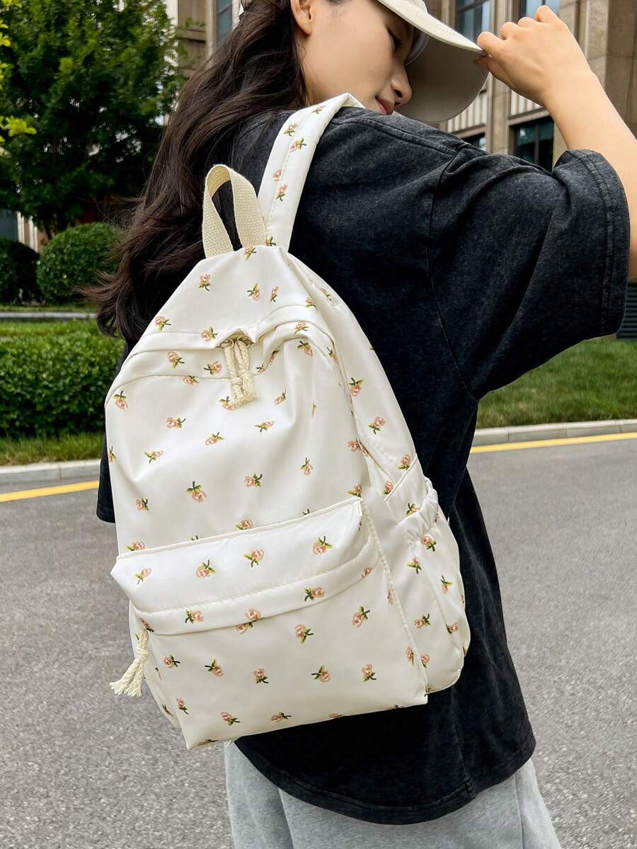 時尚碎花百搭大容量多口袋休閒旅行女款後背包手提包學生書包 - 米色 - 查看 1